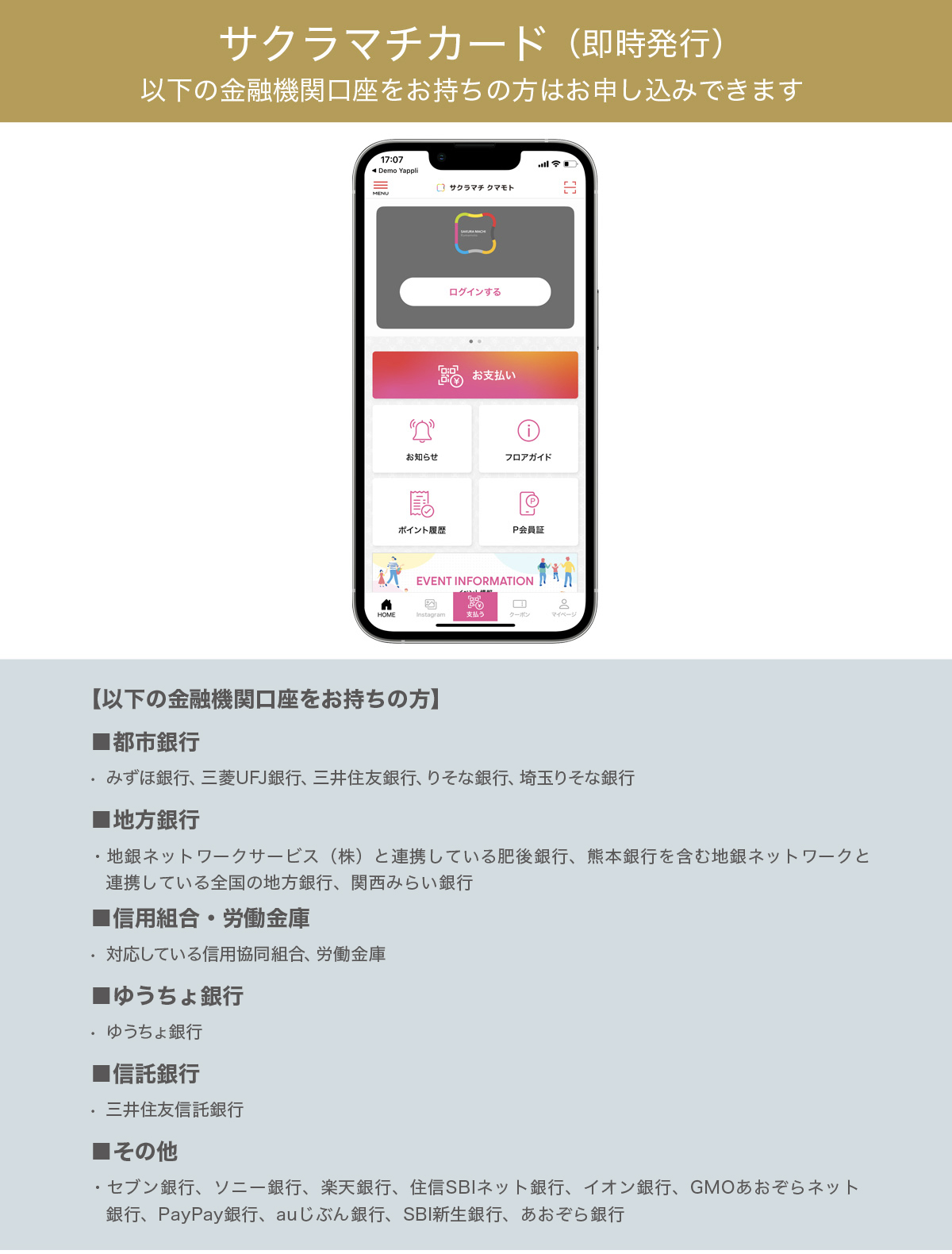 サクラマチカード（即時発行）対応金融機関のご案内